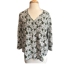 Floral Blouse Top XL Green White